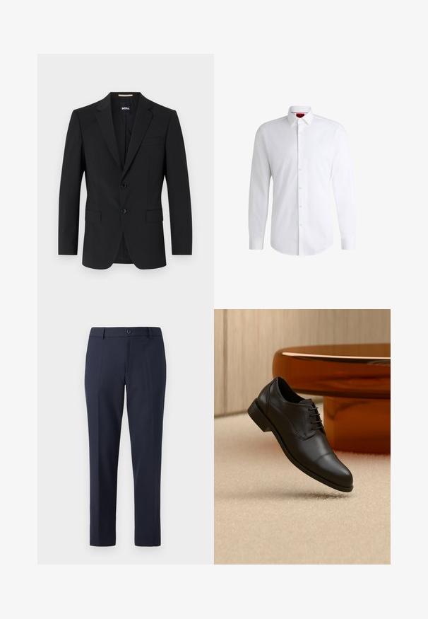 Zwarte blazer met een tailor-made ontwerp, twee knopen en inkepingen bij de revers. Bevat een enkele borstzak en twee voorzakken.; Witte overhemden van soepel materiaal met een klassieke kraag, lange mouwen en een afgeronde zoom. Voorzien van beige knopen aan de voorkant.; Marineblauwe broek van gladde stof, met een rechte snit, riemlussen en een enkele knoopsluiting in de taille.; Zwarte leren formele oxfordschoen met veters zwevend boven een beige tapijt, met een ronde bruine tafel op de achtergrond.