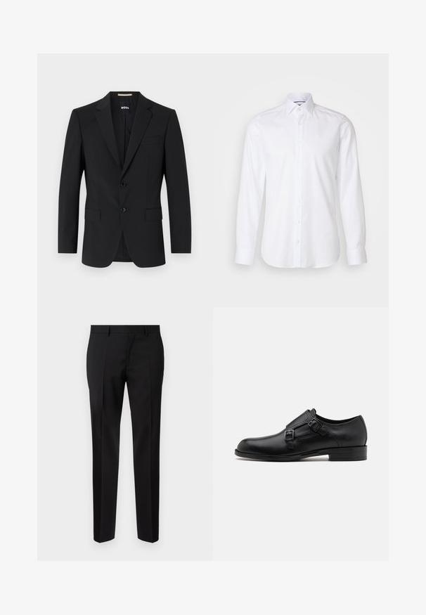 Schwarzer Blazer mit tailliertem Design, zwei Knöpfen und Reverskragen. Mit einer Brusttasche und zwei Fronttaschen.; Weißes Langarmhemd aus Baumwolle mit einem Button-Down-Kragen, Vorderknöpfen und einem leicht abgerundeten Saum. Glatte, schlichte Textur.; Schwarze maßgeschneiderte Hosen aus glattem Stoff, mit geradem Bein, feinen Bügelfalten und einem klassischen Bund mit Gürtelschlaufen.; Schwarze Leder- Schnürschuhe mit doppelten Schnallen, schlanker Silhouette und runder Zehenpartie. Sie verfügen über einen niedrigen Absatz und eine glatte Textur.