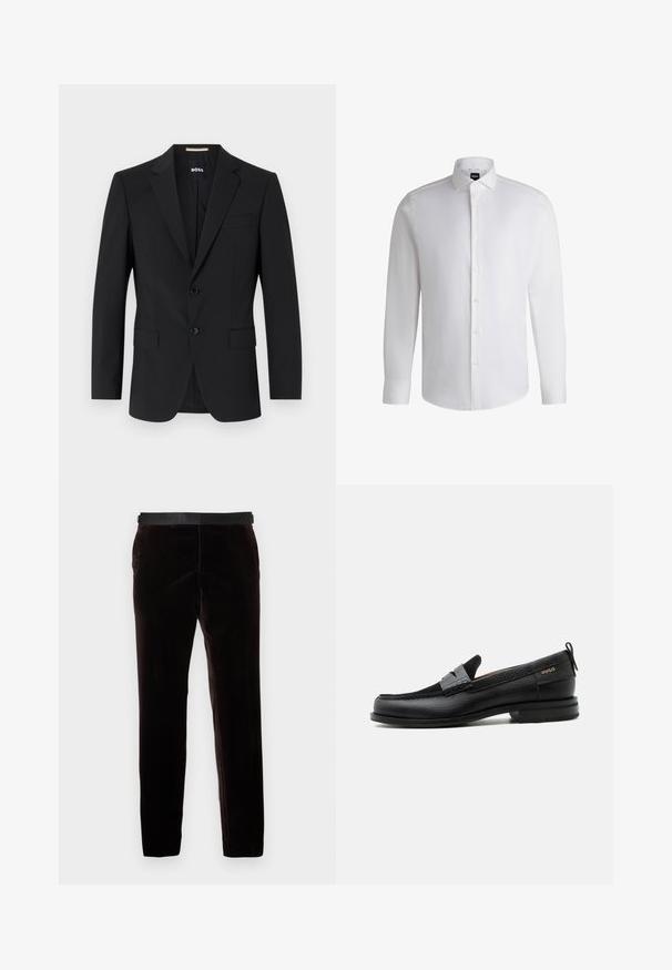 Blazer noir avec un design ajusté, deux boutons et des revers en pointe. Comprend une poche poitrine simple et deux poches avant.; Chemise blanche à manches longues en coton lisse, dotée d'un col classique, d'une patte de boutonnage complète et de poignets à bouton. Design minimaliste.; Pantalons slim marron foncé avec une ceinture noire, présentés sur un fond blanc uni.; Mocassin en cuir noir avec détail de bride grise, talon bas et semelle texturée, marqué "HUGO" en or sur le côté.