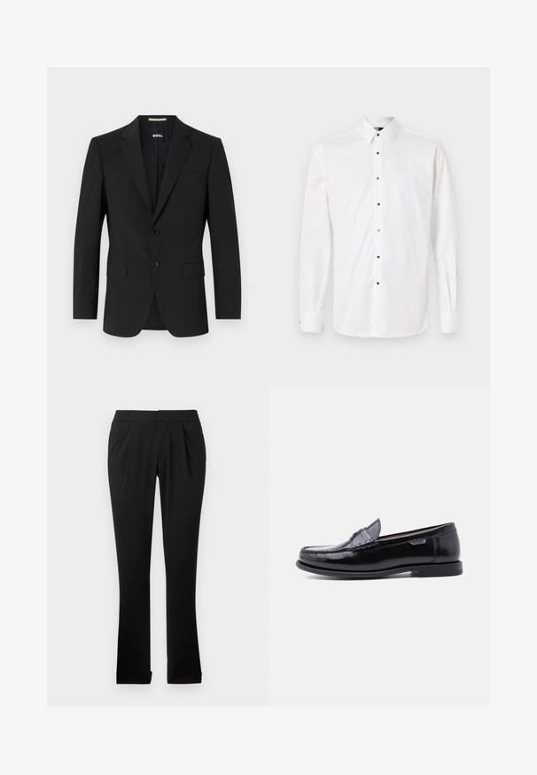 Zwarte blazer met een tailor-made ontwerp, twee knopen en inkepingen bij de revers. Bevat een enkele borstzak en twee voorzakken.; Witte overhemd met lange mouwen en knopen aan de voorkant, voorzien van een klassieke kraag, kleine vierkante knopen en manchetten met knoopsluitingen.; Zwarte broeken van gladde stof met een elastische tailleband, rechte pijpen, plooien aan de voorkant en omgeslagen zoom. Eenvoudig en veelzijdig ontwerp.; Zwarte leren loafers met een glanzende afwerking, voorzien van een gestikt ontwerp op de neus en een lage, zwarte rubberen zool met structuur.