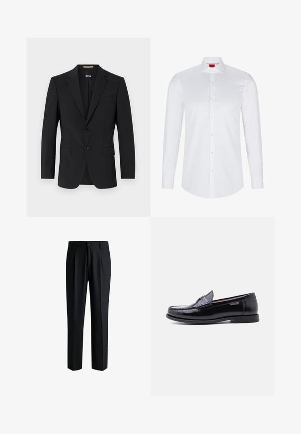 Blazer noir avec un design ajusté, deux boutons et des revers en pointe. Comprend une poche poitrine simple et deux poches avant.; Chemise blanche à manches longues avec boutons en coton lisse. Présente un col classique, une patte de boutonnage pleine et un ourlet arrondi.; Pantalons noirs en tissu lisse, avec une coupe droite, des plis à l'avant et une fermeture à bouton avec passants de ceinture.; Mocassins en cuir noir avec une finition brillante, présentant un motif cousu sur l'avant-pied et une semelle en caoutchouc noire texturée et basse.