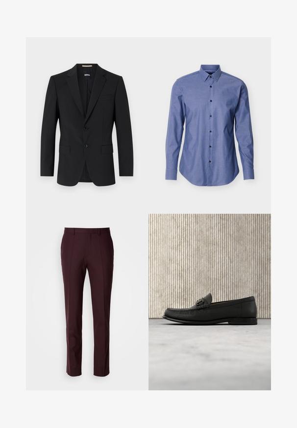 Blazer noir avec un design ajusté, deux boutons et des revers en pointe. Comprend une poche poitrine simple et deux poches avant.; Chemise bleue à manches longues avec un col pointu et des boutons noirs sur le devant, présentée sur un fond blanc.; Pantalon bordeaux avec une coupe ajustée, un devant plat et une texture de tissu lisse, jambes droites sans ornements visibles.; Mocassin en cuir noir avec détail de mors en métal, présenté au-dessus d'un tapis beige, avec une table ronde marron en arrière-plan.