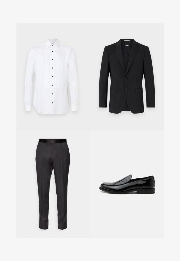 Blazer noir avec un design ajusté, deux boutons et des revers en pointe. Comprend une poche poitrine simple et deux poches avant.; Chemise blanche à manches longues avec panneau avant plissé et boutons noirs, dotée d'un col pointu et de poignets boutonnés.; Pantalons noirs ajustés avec une coupe slim, devant plat et légère brillance. Présentent une taille noire lisse et des détails de plis le long des jambes.; Chaussure de ville noire en cuir brillant à enfiler, avec talon bas et bout arrondi, vue de côté sur fond blanc uni.