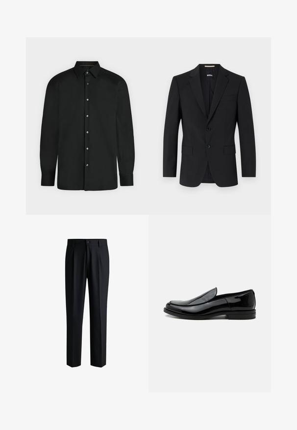 Sort blazer med en skrædderagtig design, to knapper og slagkraver. Inkluderer en enkelt brystlomme og to frontlommer.; Sort skjorte med lange ærmer, knapper foran, spids krave og knapmanchetter, vist mod en ensformet lys baggrund.; Sorte bukser lavet af glat stof, med lige ben-design, plisseringer foran og knaplukning med bæltestropper.; Sort blankt læder slip-on selskabssko med lav hæl og rundet tå set fra siden på hvid baggrund.