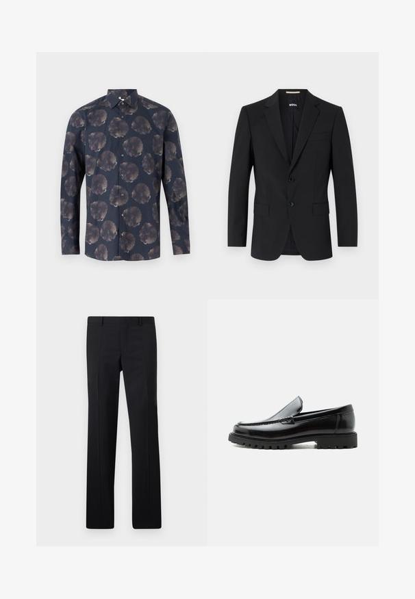 Blazer noir avec un design ajusté, deux boutons et des revers en pointe. Comprend une poche poitrine simple et deux poches avant.; Chemise à manches longues de couleur bleu marine foncé avec un motif floral comprenant de grandes fleurs atténuées. Fermeture à boutons à l'avant avec col classique et texture en tissu.; Pantalons noirs ajustés avec une coupe droite, des plis marqués et une finition lisse. Fabriqués en tissu léger avec une taille nette.; Mocassin en cuir noir avec semelle en caoutchouc épaisse, dessus cousu et nom de marque embossé sur le talon, présenté de profil sur fond blanc.