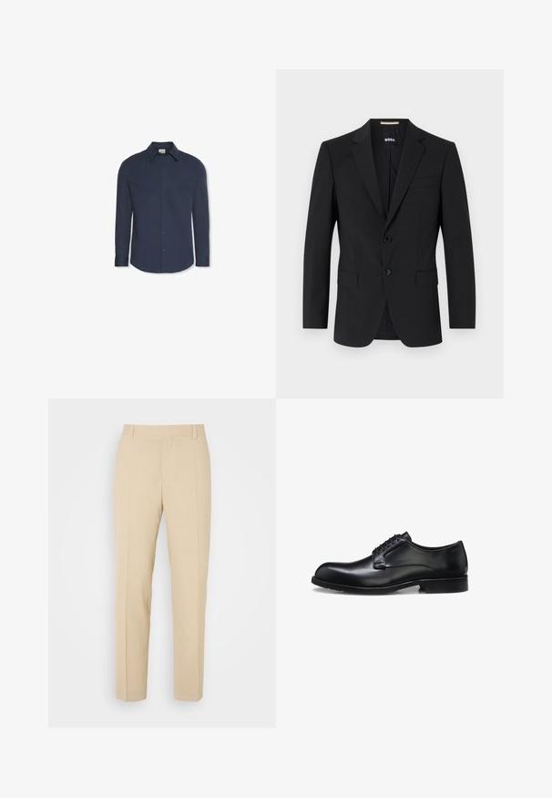 Zwarte blazer met een tailor-made ontwerp, twee knopen en inkepingen bij de revers. Bevat een enkele borstzak en twee voorzakken.; Navyblauw hemd met lange mouwen, knopen, kraag en manchetten, met een Calvin Klein-label aan de binnenkant van de kraag.; Beige op maat gemaakte broek met een recht gesneden ontwerp, gemaakt van lichtgewicht stof, met twee voorzakken en nette, geplooide vouwen.; Zwarte gepolijste leren herenschoen met gesloten vetersluiting, lage hak en subtiel merkteken nabij de hiel op een witte achtergrond.
