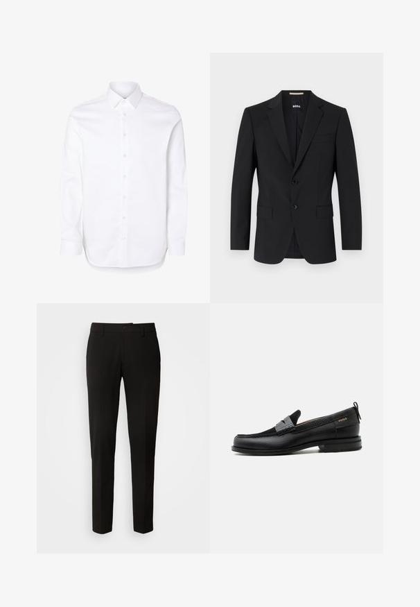Blazer negro con un diseño ajustado, dos botones y solapas de pico. Incluye un bolsillo en el pecho y dos bolsillos frontales.; Camisa blanca de manga larga con cuello clásico y puños abotonados.; Pantalones negros con un diseño de pierna recta, con cierre de botón, trabillas para cinturón y una textura de tela suave. Sin patrones ni acentos visibles.; Mocasín de cuero negro con detalle de tira gris, tacón bajo y suela texturizada, con la marca "HUGO" en oro en el lateral.