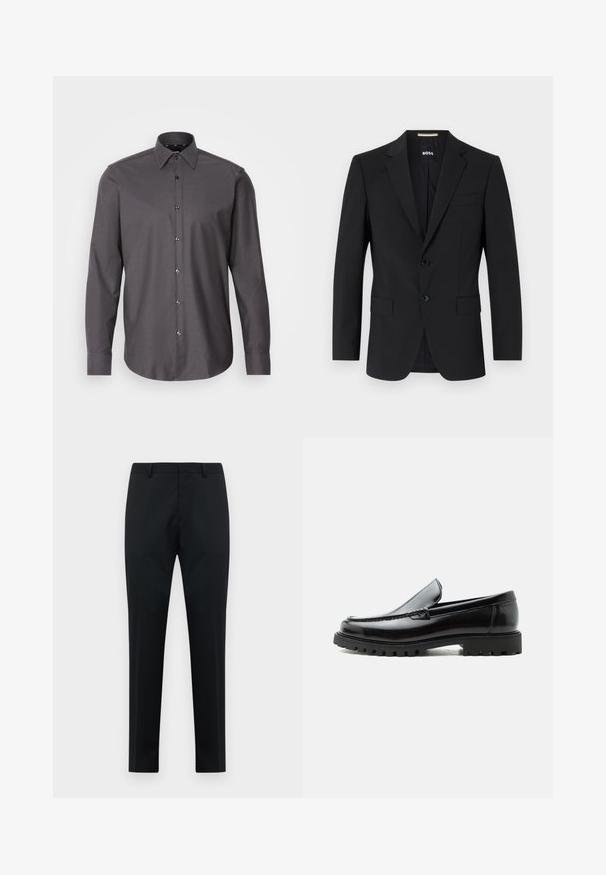 Blazer noir avec un design ajusté, deux boutons et des revers en pointe. Comprend une poche poitrine simple et deux poches avant.; Chemise boutonnée gris foncé avec manches longues, col et petit motif texturé. Présente des boutons brillants et un ourlet arrondi.; Pantalons formels noirs pour hommes, ajustés avec passants de ceinture, devant plat et jambes droites sur fond blanc.; Mocassin en cuir noir avec semelle en caoutchouc épaisse, dessus cousu et nom de marque embossé sur le talon, présenté de profil sur fond blanc.