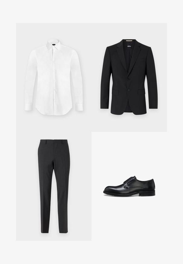 Blazer negro con un diseño ajustado, dos botones y solapas de pico. Incluye un bolsillo en el pecho y dos bolsillos frontales.; Camisa blanca de vestir de manga larga con botones y cuello puntiagudo, colocada perfectamente plana sobre un fondo gris claro.; Pantalones tailored en gris oscuro con una textura suave, de corte ajustado, frente plano y pasadores para cinturón, diseñados para atuendos formales o de negocios.; Zapato de vestir para hombre de cuero negro pulido con cordones cerrados, tacón bajo y detalle sutil de marca cerca del talón sobre un fondo blanco.
