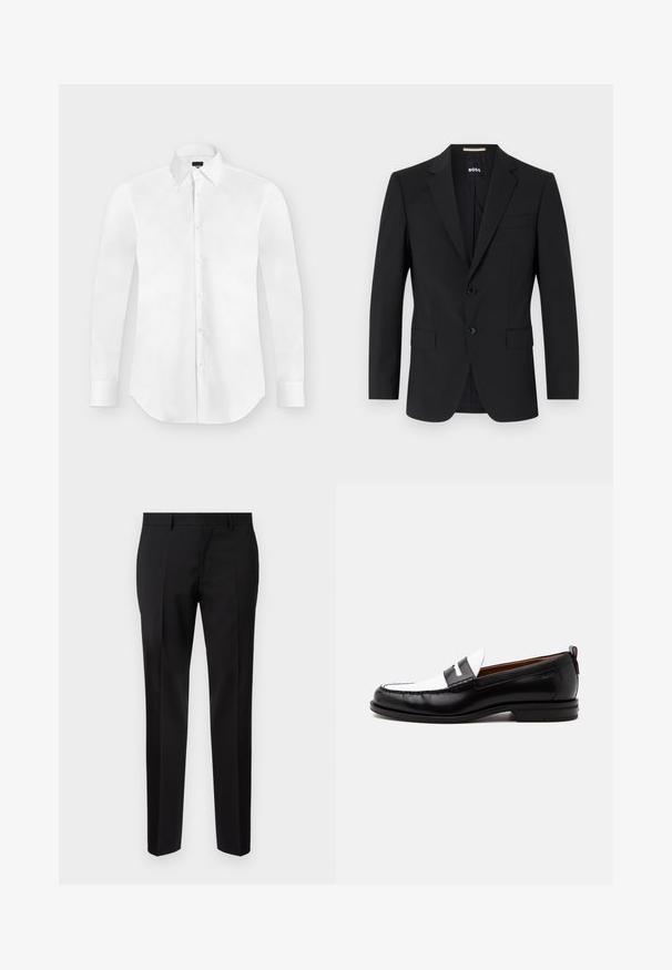 Sort blazer med en skrædderagtig design, to knapper og slagkraver. Inkluderer en enkelt brystlomme og to frontlommer.; Hvid langærmet skjorte med knapper og spidst krave, lagt fladt på en lysegrå baggrund.; Sorte skræddersyede bukser lavet af glat stof, med lige ben, raffinerede folder og en klassisk talje med bæltestropper.; Sort-hvid læderloafer med syning, lav hæl og slip-on design, vist fra siden på en ensfarvet baggrund.