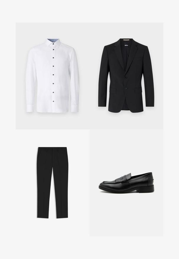 Blazer noir avec un design ajusté, deux boutons et des revers en pointe. Comprend une poche poitrine simple et deux poches avant.; Chemise blanche à manches longues avec un col classique, boutons noirs sur le devant, et détail intérieur de col bleu clair contrastant. Texture de tissu lisse.; Pantalons noirs sur mesure avec une coupe droite, dotés de deux poches latérales et de plis sur le devant pour plus de structure, fabriqués en tissu lisse.; Mocassin homme en cuir noir avec détail pompon, bout arrondi, talon bas et finition polie lisse, montré de profil sur fond blanc.