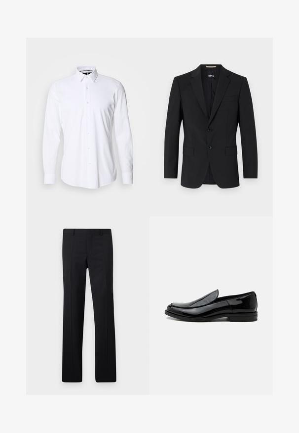 Sort blazer med en skrædderagtig design, to knapper og slagkraver. Inkluderer en enkelt brystlomme og to frontlommer.; Hvid langærmet skjorte med knapper lavet af glat stof, med spids krave og regulær pasform. Har en frontlås med seks knapper.; Sorte skræddersyede bukser med et lige ben design, skarpe folder og en glat overflade. Fremstillet af letvægtsstof med en ren talje.; Sort blankt læder slip-on selskabssko med lav hæl og rundet tå set fra siden på hvid baggrund.