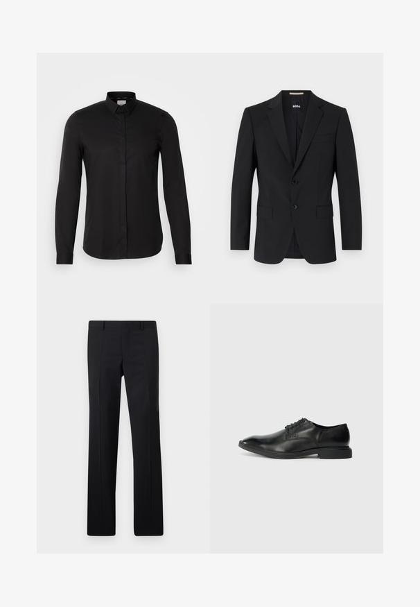 Blazer negro con un diseño ajustado, dos botones y solapas de pico. Incluye un bolsillo en el pecho y dos bolsillos frontales.; Camisa negra de manga larga hecha de tejido suave, con cuello tipo button-down, tapeta frontal y un sutil detalle del logo en el pecho.; Pantalones negros ajustados con un diseño de pierna recta, pliegues marcados y un acabado suave. Fabricados en tejido ligero con una cintura limpia.; Zapato de vestir negro de cuero con una textura suave, punta afilada, diseño de cordones con seis ojales y un tacón rectangular bajo. Detalle de marca sutil en el lateral.