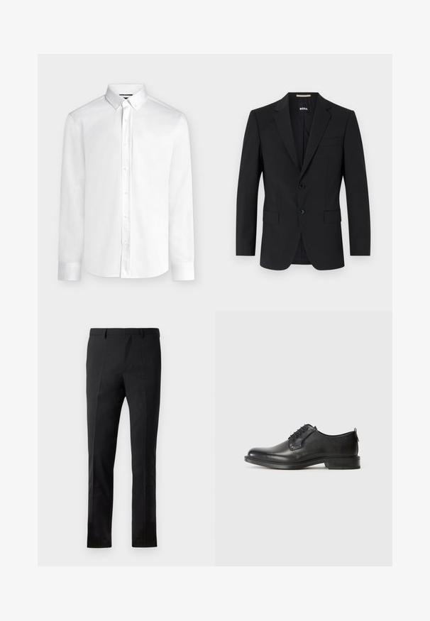 Schwarzer Blazer mit tailliertem Design, zwei Knöpfen und Reverskragen. Mit einer Brusttasche und zwei Fronttaschen.; Weißes langärmeliges Hemd mit Knopfleiste, einem geknöpften Kragen und Standardmanschetten, dargestellt auf einem einfarbigen hellgrauen Hintergrund.; Schwarze Hose mit tailliertem Schnitt, flacher Vorderseite, zwei Falten, Gürtelschlaufen und glatter Textur. Keine sichtbaren Muster oder Metallteile.; Schwarze Leder-Schnürschuhe für Herren mit niedrigem Absatz und glatter Oberfläche, seitlich auf einem schlichten hellen Hintergrund dargestellt.