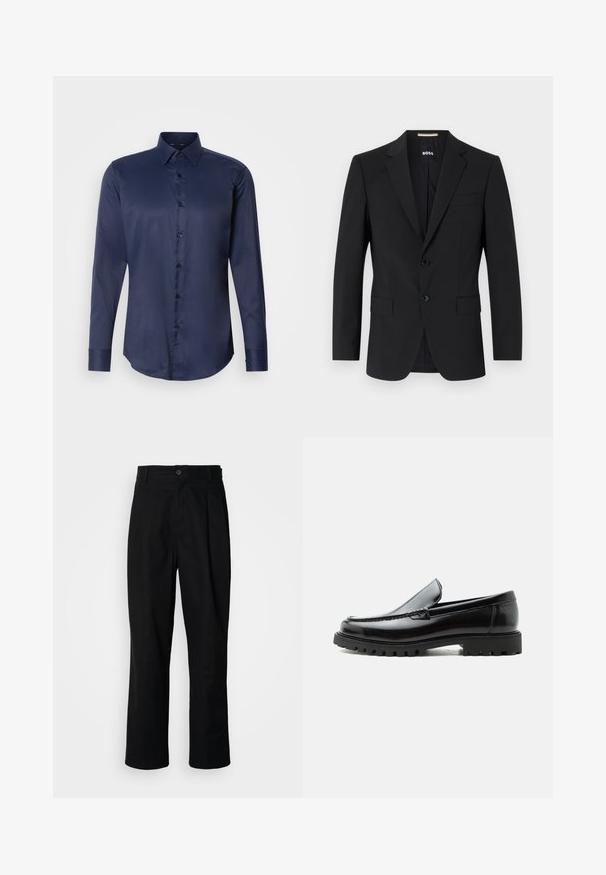Zwarte blazer met een tailor-made ontwerp, twee knopen en inkepingen bij de revers. Bevat een enkele borstzak en twee voorzakken.; Navyblauwe herenoverhemd met lange mouwen, puntige kraag en knoopsluiting aan de voorkant, weergegeven op een eenvoudige witte achtergrond.; Zwarte rechte broek met een knoopsluiting, lusjes voor een riem en een voornaad, gepresenteerd tegen een effen witte achtergrond.; Zwarte leren loafer met dikke rubberen zool, gestikte bovenkant en gegraveerde merknaam op de hiel, zijaanzicht op witte achtergrond.