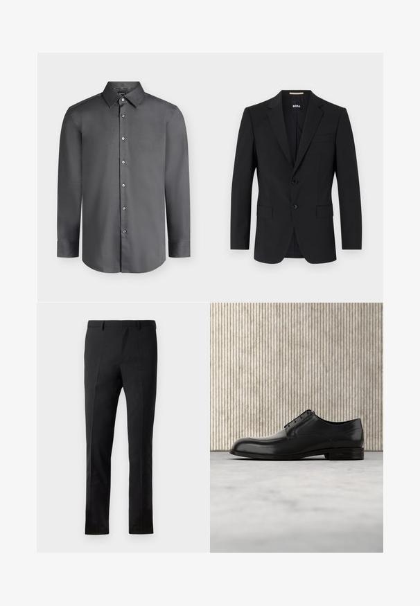 Sort blazer med en skrædderagtig design, to knapper og slagkraver. Inkluderer en enkelt brystlomme og to frontlommer.; Mørkegrå langærmet herreskjorte med spids krave og knapper foran, vist på en lysegrå baggrund.; Sorte bukser med en skræddersyet pasform, der har en flad front, to pressefolder, bæltestropper og en glat overflade. Ingen synlige mønstre eller beslag.; Sorte læderherresko med rund tæer, glat tekstur, minimale sømme og en flad sål med diskret branding på hælen.