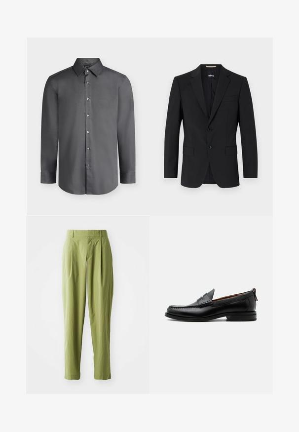 Blazer negro con un diseño ajustado, dos botones y solapas de pico. Incluye un bolsillo en el pecho y dos bolsillos frontales.; Camisa de vestir para hombre de manga larga en gris oscuro con cuello puntiagudo y botones delanteros, mostrada sobre un fondo gris claro.; Pantalones verdes claros hechos de una tela texturizada, con una forma recta, pliegues en la parte frontal y una cinturilla estándar.; Mocasín de hombre de piel negra con costura moc toe, tira penny, cuello texturizado y tacón bajo apilado sobre fondo blanco.
