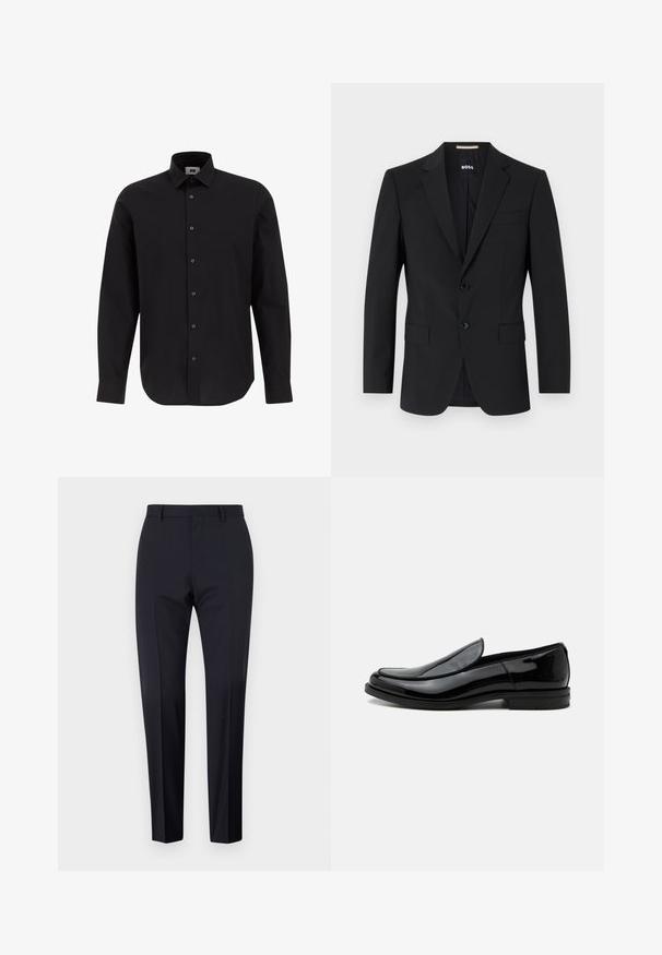 Schwarzer Blazer mit tailliertem Design, zwei Knöpfen und Reverskragen. Mit einer Brusttasche und zwei Fronttaschen.; Schwarze Langarm-Hemdbluse aus gewebtem Stoff, ausgestattet mit einem klassischen Kragen, geradem Saum und schwarzen Knöpfen an der Vorderseite.; Marineblaue maßgeschneiderte Hosen, mit flachem Frontschnitt, slim fit, mit Gürtelschlaufen und Seitentaschen. Glattes Material mit einem klaren Finish, ohne sichtbare Muster oder Akzente.; Schwarzer glänzender Lederslipper mit niedrigem Absatz und abgerundeter Spitze, seitlich auf weißem Hintergrund betrachtet.