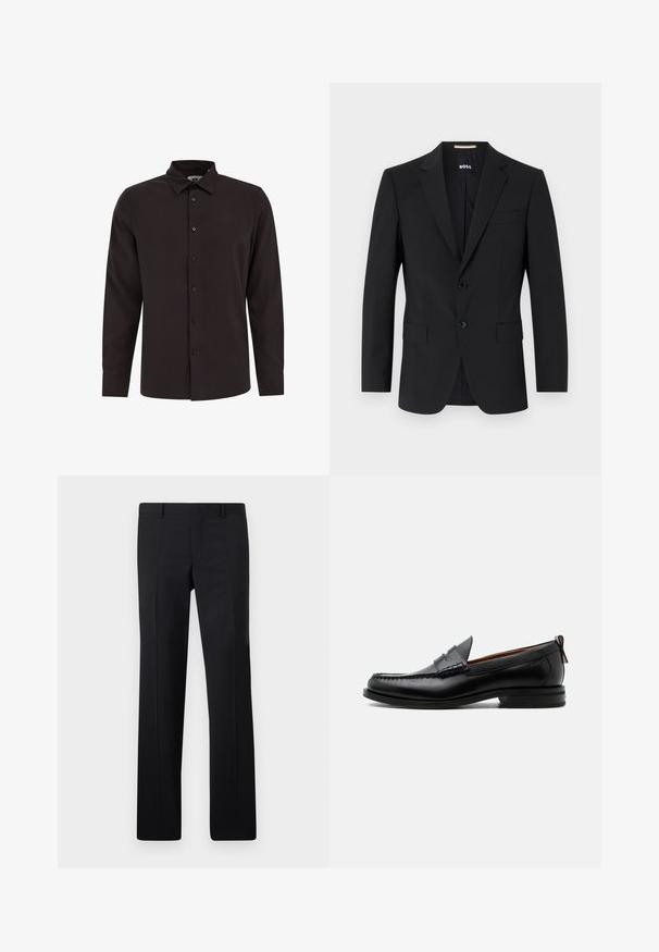 Blazer noir avec un design ajusté, deux boutons et des revers en pointe. Comprend une poche poitrine simple et deux poches avant.; Chemise noire à manches longues, boutonnée, en tissu lisse avec un col, une patte de boutonnage à l'avant et des poignets standards. Aucun motif ou design visible.; Pantalons noirs ajustés avec une coupe droite, des plis marqués et une finition lisse. Fabriqués en tissu léger avec une taille nette.; Mocassin homme en cuir noir avec couture moc toe, bride penny, col texturé et petit talon empilé sur fond blanc.