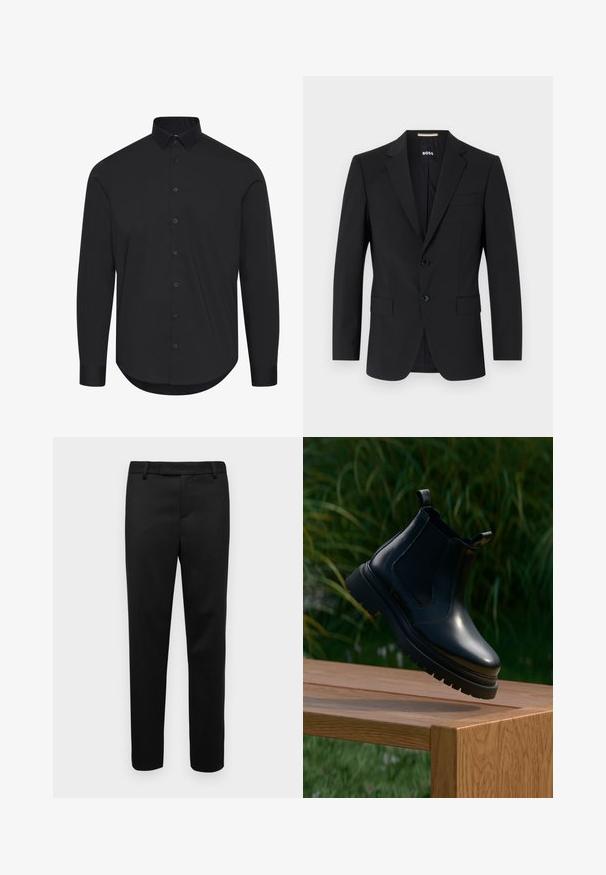 Sort blazer med en skrædderagtig design, to knapper og slagkraver. Inkluderer en enkelt brystlomme og to frontlommer.; Sort langærmet skjorte lavet af glat stof, med en knap-ned krave og frontknapper, en buet kant og skræddersyet pasform.; Sorte bukser lavet af glat stof, med lige snit, bæltestropper og sidelommer. Designet er minimalistisk uden synlige mønstre.; Sorte læder chelsea-støvler med rund tå, tyk gummisål og elastiske sidepaneler, præsenteret på en træoverflade med grønne planter i baggrunden.
