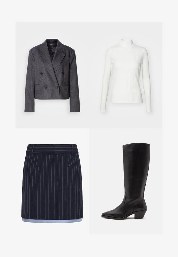 Blazer gris croisé avec un tissu texturé, des revers à cran et deux poches avant. Présente des boutons noirs et un design court.; Haut col roulé blanc à côtes avec des manches longues, fabriqué en tissu extensible. Présente un design ajusté et un encolure haute pour plus de couverture.; Jupe bleu marine à rayures, avec une coupe droite, mettant en valeur des accents bleu clair au niveau de l'ourlet, fabriquée dans un tissu texturé et dotée d'une ceinture large.; Botte en cuir noire mi-mollet avec un bout pointu et un talon bas incliné sur un fond clair uni.