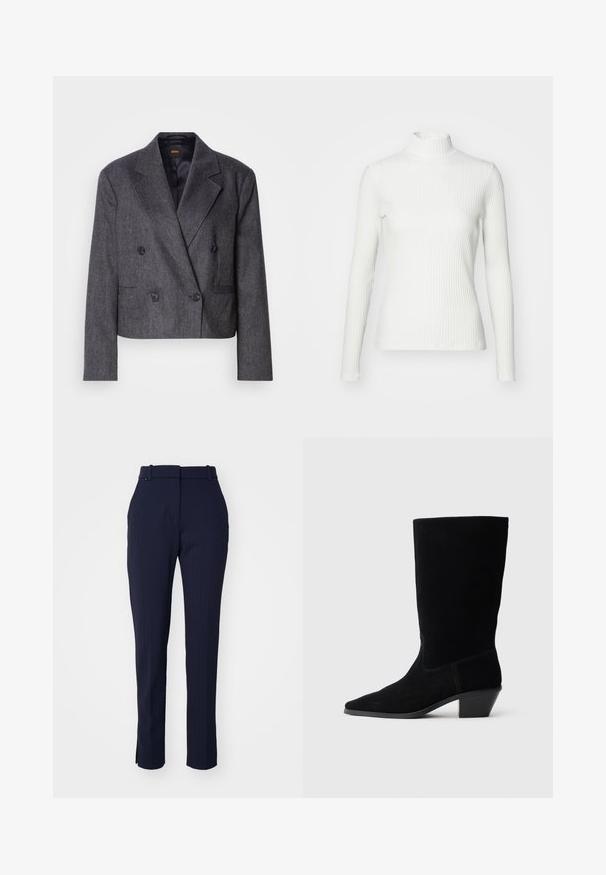 Blazer gris croisé avec un tissu texturé, des revers à cran et deux poches avant. Présente des boutons noirs et un design court.; Haut col roulé blanc à côtes avec des manches longues, fabriqué en tissu extensible. Présente un design ajusté et un encolure haute pour plus de couverture.; Pantalons ajustés bleu marine avec un motif à rayures verticales, coupe fuselée, passants de ceinture et sans fermetures ni poches visibles. Texture lisse.; Bottine en daim noir avec un bout pointu, tige de hauteur moyenne et un talon épais. Présente des coutures minimales et une texture lisse.