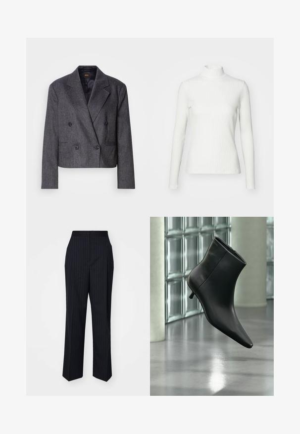 Blazer gris croisé avec un tissu texturé, des revers à cran et deux poches avant. Présente des boutons noirs et un design court.; Haut col roulé blanc à côtes avec des manches longues, fabriqué en tissu extensible. Présente un design ajusté et un encolure haute pour plus de couverture.; Pantalons bleu marine avec des rayures blanches verticales, coupe droite, taille intermédiaire et texture de tissu lisse.; Bottine en cuir noir à bout pointu et petit talon kitten, présentée en angle devant un sol poli et un mur en blocs de verre.