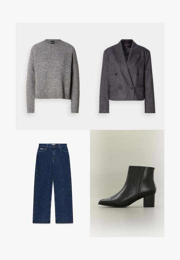 Grå doublé blazer med tekstureret stof, med spidse klapper og to forlommer. Udstyret med sorte knapper og et cropped design.; Grå strikket sweater med rund hals, lange ærmer og ribbede manchetter og kant. Blød tekstur; minimalistisk design uden mønstre eller accenter.; Mørkeblå jeans med lige ben, forlommer, bæltestropper og knaplukning på hvid baggrund.; Sorte læder ankelstøvler med spidse tæer, glat tekstur og en kraftig firkantet hæl. Enkelt design uden synlige detaljer eller mønstre.