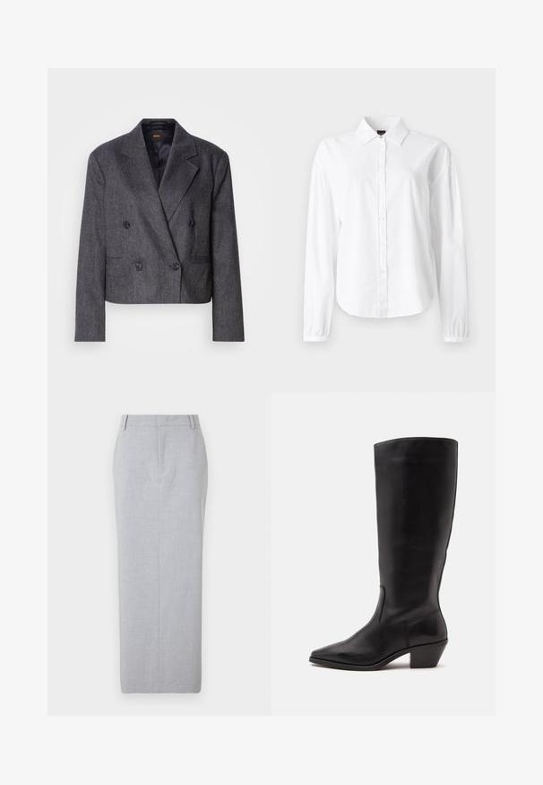 Grijze double-breasted blazer van een structuurstof, met notch-lapels en twee voorzakken. Bevat zwarte knopen en een cropped design.; Witte blouse met lange mouwen, kraag, knoopsluiting aan de voorkant en ingezette manchetten. Gemaakt van zacht, lichtgewicht stof met een gladde textuur.; Grijze op maat gemaakte kokerrok van gladde stof. Heeft een rechte snit, een vlakke voorkant en geen zichtbare zakken.; Zwarte leren laars tot half op de kuit met een puntige neus en een lage schuine hak op een effen lichte achtergrond.