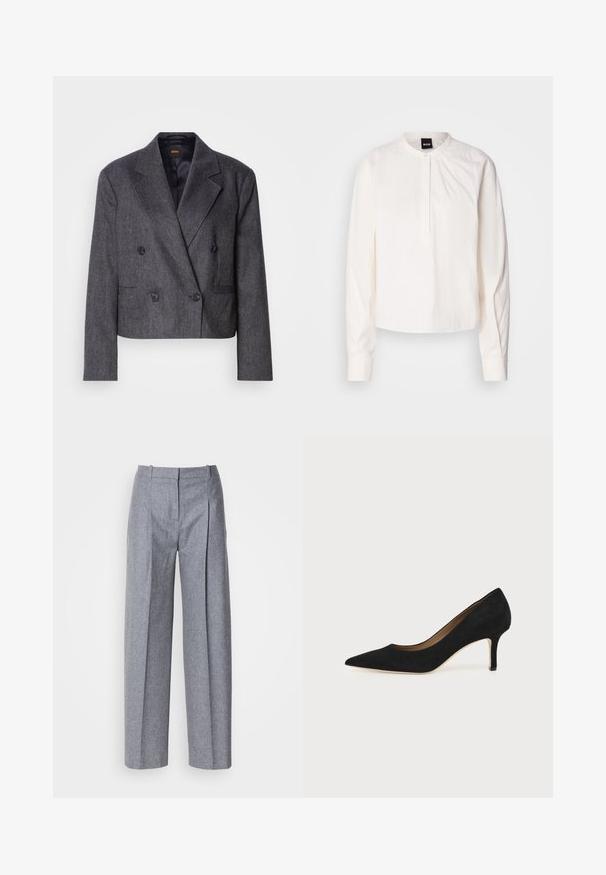 Grå doublé blazer med tekstureret stof, med spidse klapper og to forlommer. Udstyret med sorte knapper og et cropped design.; Hvid langærmet bluse med rund krave og knaplukning, prydet med diskrete lodrette striber, vist på en ensfarvet baggrund.; Lys grå bredbenede bukser i et struktureret stof, med plisseringer foran og en skræddersyet talje. Minimalistisk design, ingen synlig hardware.; Sort ruskind spids tå højhælet pumpe med en slank mellemhøj stilethæl og et lavt snit på en ensfarvet baggrund.