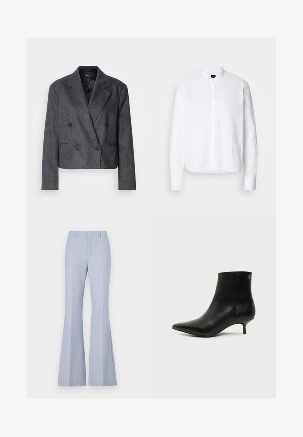 Grå doublé blazer med tekstureret stof, med spidse klapper og to forlommer. Udstyret med sorte knapper og et cropped design.; Hvid skjorte med krave, front placket, lange ærmer og knapmanchetter. Lavet af glat bomuldsstof med en struktureret pasform.; Lyseblå flared bukser med en glat tekstur, der har en flad front, to sidelommer og et rent liv.; Sort læder ankelstøvle med spids tå og lav kitten hæl på lys baggrund, der viser yderside.