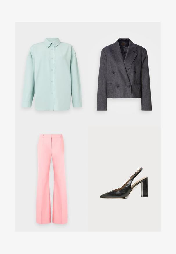 Grå doublé blazer med tekstureret stof, med spidse klapper og to forlommer. Udstyret med sorte knapper og et cropped design.; Lysegrøn mintfarvet skjorte med knapper, lange ærmer, krave og en løs pasform. Har ensfarvet stoftekstur og seks knapper foran.; Lyserøde vidde bukser med skræddersyet design, der har en flad front og pænt pressede folder. Glat stof og høj talje.; Sort læder peep-toe slingback sko med høj blokhæl og beige indvendig foring mod en ensfarvet lys baggrund.