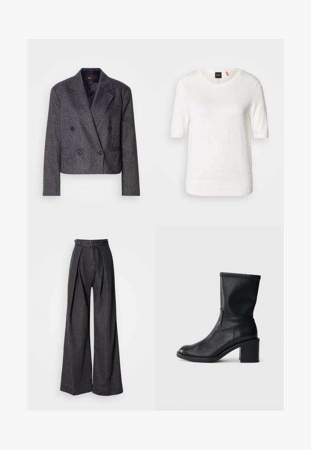 Grauer doppelt üblicher Blazer aus strukturiertem Stoff, mit Reverskragen und zwei vorderen Taschen. Verfügt über schwarze Knöpfe und ein tailliertes Design.; Weißes kurzärmeliges Strickoberteil mit Rundhalsausschnitt, geripptem Saum und weicher Textur. Logostreifen mit orangem Akzent am Kragen.; Schwarze Jeans mit weitem Bein und hoher Taille, ausgestattet mit vorderen Falten und einem klassischen Reißverschluss. Knackige, glatte Textur mit sauberen Abschlüssen.; Schwarze Leder-Ankle Boots mit runder Zehenform, glatter Oberfläche und dicker Absatz, ausgestattet mit einem eng anliegenden Schaft und subtilen Nähten.