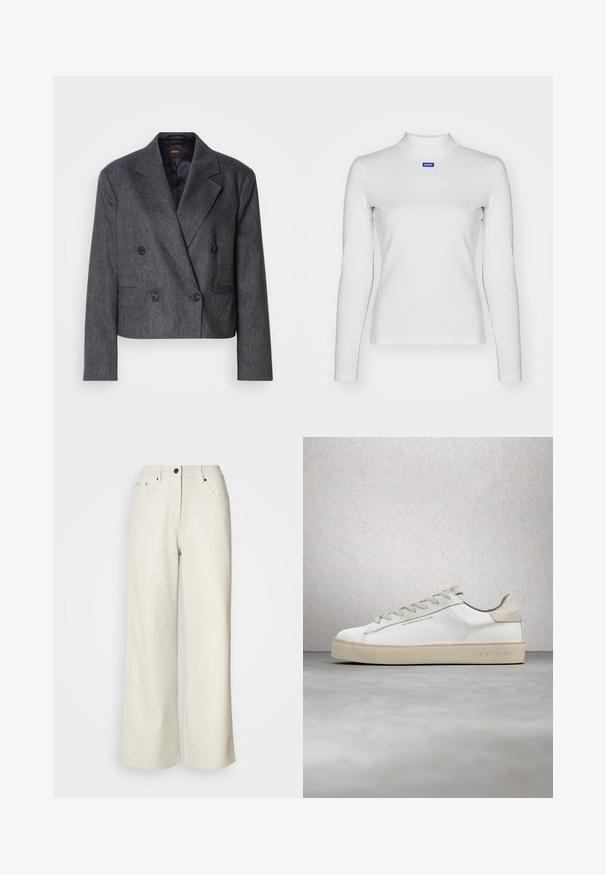 Grå doublé blazer med tekstureret stof, med spidse klapper og to forlommer. Udstyret med sorte knapper og et cropped design.; Hvid langærmet turtleneck-top lavet af strækstof, med en tætsiddende design og et lille blåt logo på brystet.; Cremefarvede bukser med brede ben lavet af glat stof. Har en mellemhøj talje, lynlås i gulvet og to frontlommer med sorte hardware accenter.; Hvide lædersneakers med en glat overflade, beige ruskindsdetaljer, rund tå, flad snørebåndsdesign og en struktureret gummisål.