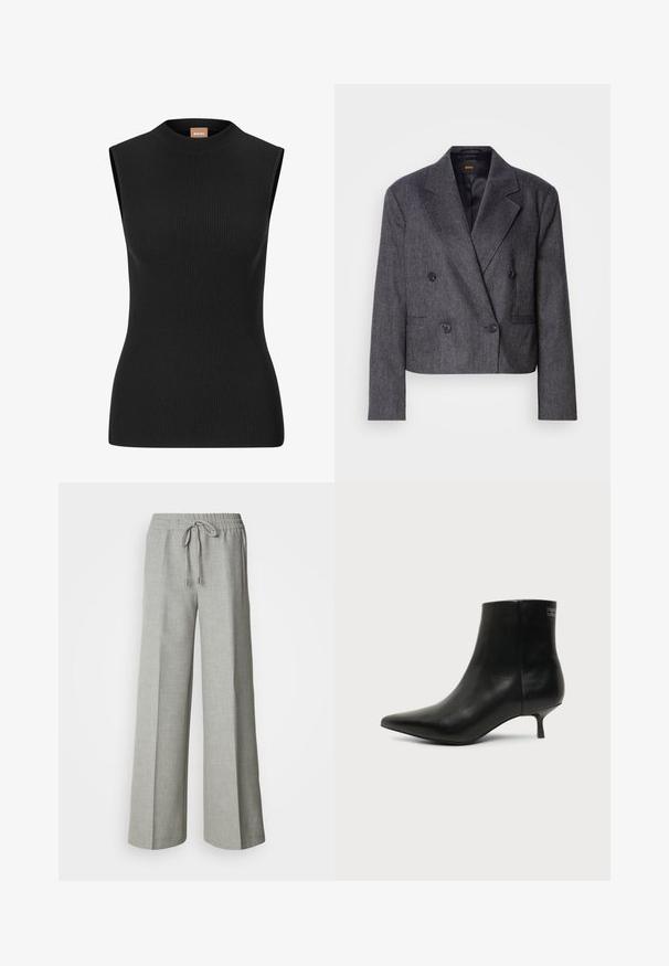 Grijze double-breasted blazer van een structuurstof, met notch-lapels en twee voorzakken. Bevat zwarte knopen en een cropped design.; Mouwloze zwarte geribbelde top met een hoge halslijn en een aansluitende pasvorm, gemaakt van rekbaar materiaal. Bevat minimale branding op de hals.; Lichtgrijze wijde broek met elastische tailleband en trekkoord, voorzakken en een subtiele gestructureerde stof.; Zwart leren enkellaars met puntige neus en lage kittenhak op lichte achtergrond, zijaanzicht buitenkant.