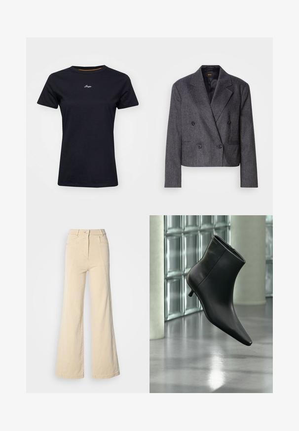 Grijze double-breasted blazer van een structuurstof, met notch-lapels en twee voorzakken. Bevat zwarte knopen en een cropped design.; Zwarte katoenen t-shirt met korte mouwen en een ronde hals. Voorzien van witte geborduurde tekst op de voorkant en een oranje accent binnen de kraag.; Beige wijde jeans met hoge taille, voorzakken en contrasterende stiksels, met een knoopsluiting en een zachte katoenen textuur.; Zwarte leren enkellaars met spits toelopende neus en lage kittenhak, schuin weergegeven tegen een gepolijste vloer en een glazen blokken muur als achtergrond.