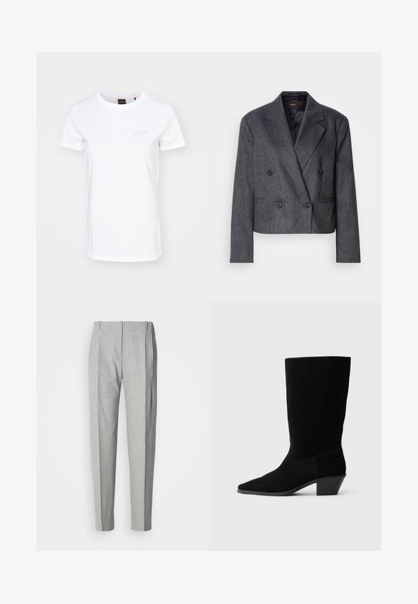 Grijze double-breasted blazer van een structuurstof, met notch-lapels en twee voorzakken. Bevat zwarte knopen en een cropped design.; Witte T-shirt met korte mouwen, gemaakt van katoen. Heeft een ronde halslijn en een subtiel geborduurd logo op de borst. Soepele textuur.; Lichtgrijze, geplooide broek met een getailleerde pasvorm. Heeft een gestructureerde stof, zijzakken en een klassieke rechte pijp.; Zwarte suede enkellaars met een spitse neus, een schacht van gemiddelde hoogte en een chunky hak. Heeft minimaal stikwerk en een gladde textuur.