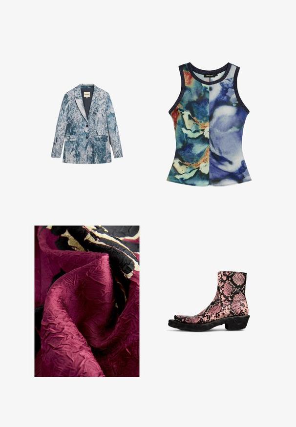 Langærmet blazer med hakrevers, to knapper, frontlommer med klapper og et blåt og hvidt abstrakt blomstermønster.; Ærmeløs damesinglet med rund hals og abstrakt blå, grøn og beige akvarelprint, med mørke kanter.; Krasjet fløjlstof i dyb bourgogne med sorte og cremede accenter, der viser en krøllet tekstur og en glat glans.; Ankelstøvler i pink og sort slangeskindsprintlæder med en struktureret finish, der har en unik buet sort gummisål.