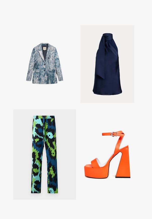 Langærmet blazer med hakrevers, to knapper, frontlommer med klapper og et blåt og hvidt abstrakt blomstermønster.; Marineblå satin halternecktop med design i nakken, der er bundet, med en glat tekstur og draperet silhuet, velegnet til formelle lejligheder.; Multifarvede bukser med et dristigt abstrakt mønster i sort, blå og grøn. Fremstillet af glat materiale med snor i taljen.; Orange platform sandaler med en firkantet hæl, en bred rem over tæerne og en spænde ankelrem. Glat, blank finish.