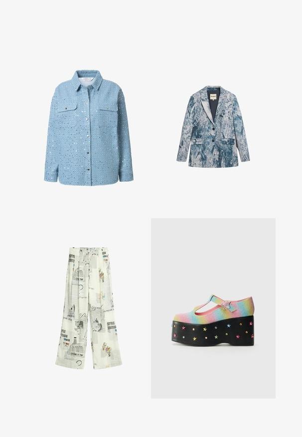 Langærmet blazer med hakrevers, to knapper, frontlommer med klapper og et blåt og hvidt abstrakt blomstermønster.; Lysblå denimskjorte med sølvfarvede pailletter, lange ærmer, krave, to brystlommer og trykknaplukning. Glat tekstur og detaljeret udsmykning.; Hvide bukser med vide ben med avistryk med sort tekst, overskrifter og spredte farverige accenter.; Glitrende regnbue-platformsko med T-stropp, prydet med en stjernesformet spænde og multicolor stjernestuds på en sort bund.