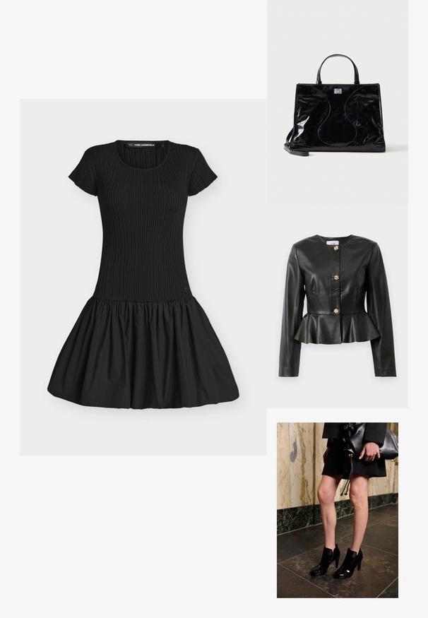 Schwarze Kunstlederjacke mit langen Ärmeln, Peplum-Saum und drei dekorativen goldenen Knotenknöpfen vorne.; Schwarzes Kleid mit kurzen Ärmeln, geripptem Strickoberteil und gerafftem, ausgestelltem Rock, Rundhalsausschnitt und kleinem Logo nahe der Taille.; Eine Frau trägt schwarze Stiefeletten und einen schwarzen Rock, hält eine große schwarze Leder-Clutch und steht auf einem dunklen Fliesenboden neben einer Mauer aus Marmor.; Schwarze glänzende Ledertasche mit kurzen Griffen, abnehmbarem Schulterriemen und dezenten, geschwungenen Steppnähten vorne.
