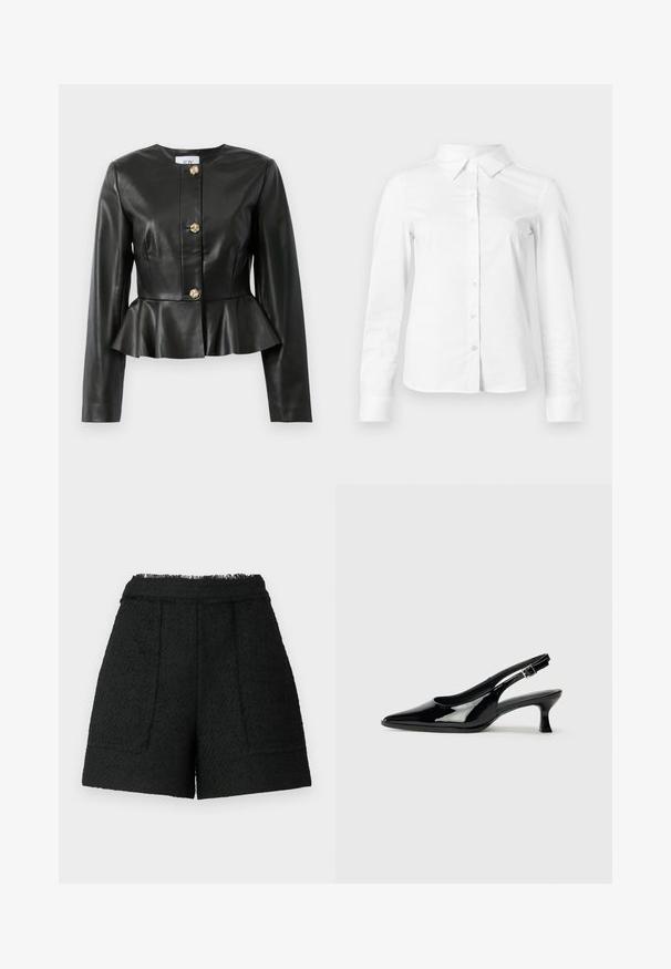 Sort faux læderjakke med lange ærmer, peplum-hulm, og tre dekorative guldknapknuder ned langs forsiden.; Hvid skjorte med lange ærmer, knapper, spids krave, lige kant og tætsiddende silhuet, vist på en ensartet lys baggrund.; Sorte shorts lavet af tekstureret stof med en frynset kant, der har to forlommer og en skræddersyet pasform.; Sorte patenterede slingback-sko med spidse tæer og lav blokhæl. Justerbar spænde-rem ved anklen.
