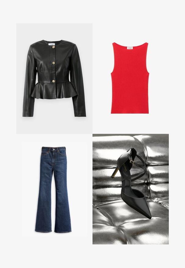 Sort faux læderjakke med lange ærmer, peplum-hulm, og tre dekorative guldknapknuder ned langs forsiden.; Rød ærmeløs ribstrikket tanktop med rund hals fra & Other Stories.; Højtaljede mørkeblå denim jeans med udvidede ben, frontknap og lynlås lukning, samt fem-lommer design.; Sort højhælet sko med spidst tåparti, krydsede stropper og guldfarvet spænde, der hviler på en skinnende sølvfarvet polstret overflade.
