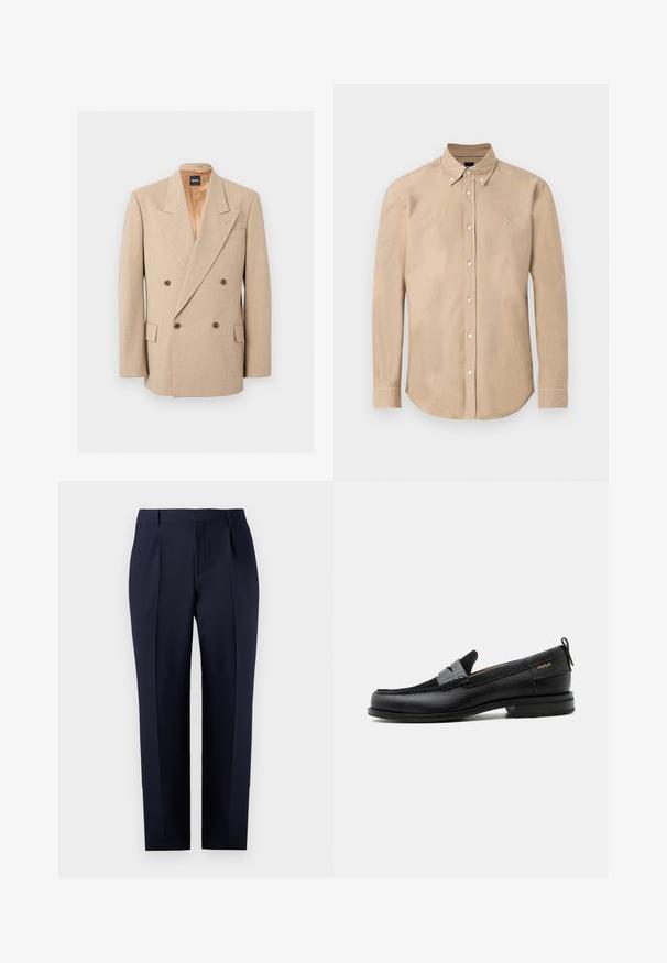 Beige dubbelrijige blazer met brede revers, vier bruine knopen, twee klepzakken en een binnenvoering van satijn, weergegeven op een witte achtergrond.; Beige overhemd met lange mouwen, knoopsluiting, button-down kraag en een klein geborduurd logo op de linkerborst.; Marineblauwe tailored broek gemaakt van gestructureerde stof, met een rechte pasvorm, voorplooien en een klassieke tailleband met riemlussen.; Zwarte leren loafer met grijs riemdetailelement, lage hak en gestructureerde zool, aan de zijkant gebrandmerkt met "HUGO" in goud.