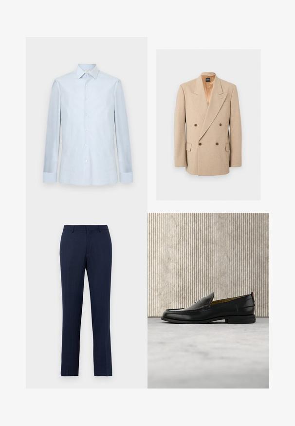 Blazer beige croisé avec larges revers, quatre boutons marron, deux poches à rabat et doublure intérieure en satin, présenté sur fond blanc.; Chemise homme bleu clair à manches longues, fermeture boutonnée sur le devant, col pointu et motif à carreaux discret.; Pantalon tailleur bleu marine avec passants de ceinture, fermeture éclair devant et coupe droite sur fond blanc uni.; Mocassin pour homme en cuir noir avec un dessus embossé effet croco et un petit talon, présenté de profil sur un fond neutre.