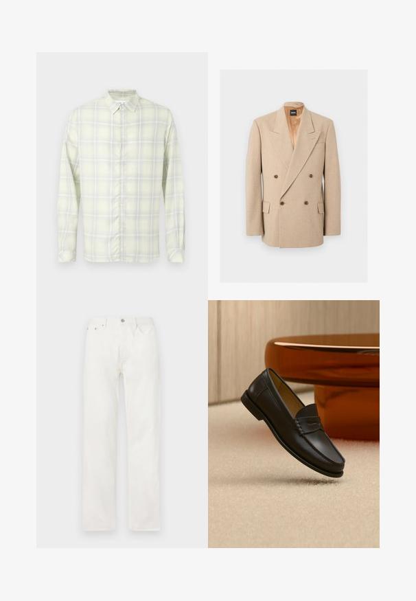 Blazer beige croisé avec larges revers, quatre boutons marron, deux poches à rabat et doublure intérieure en satin, présenté sur fond blanc.; Chemise à manches longues à carreaux jaune clair avec col et boutons, présentée à plat sur un fond blanc.; Jean en denim blanc coupe droite avec poches avant, passants pour ceinture et fermeture par bouton à la taille, présenté sur un fond uni.; Chaussure mocassin en cuir noir suspendue au-dessus d’un tapis beige avec du mobilier moderne couleur ambre en arrière-plan.