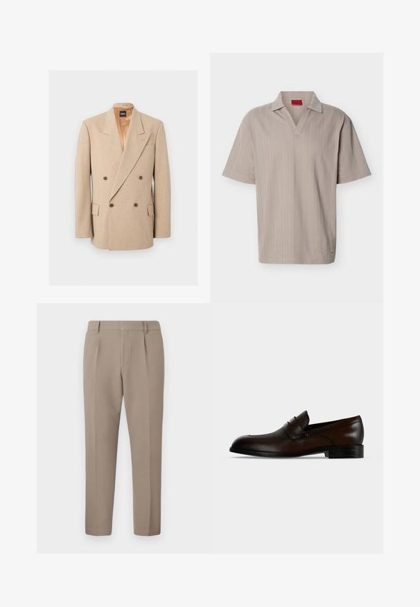 Blazer beige croisé avec larges revers, quatre boutons marron, deux poches à rabat et doublure intérieure en satin, présenté sur fond blanc.; Polo en maille beige à manches courtes avec un motif rayé vertical texturé et un col en V ouvert.; Pantalon en tissu marron clair avec une texture lisse, présentant un design ajusté, des plis à l'avant et une coupe slim, s'arrêtant aux chevilles.; Mocassin homme en cuir marron foncé avec dessus texturé et petit talon noir sur fond uni gris clair.