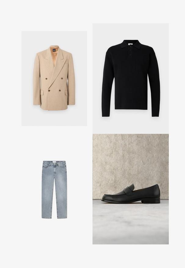 Beige dubbelrijige blazer met brede revers, vier bruine knopen, twee klepzakken en een binnenvoering van satijn, weergegeven op een witte achtergrond.; Zwart poloshirt met lange mouwen gemaakt van zacht materiaal, voorzien van een kraag, een drieknopsbies en een klein borstzakje.; Lichtblauwe denim jeans met een rechte snit, vijf zakken, knoopsluiting, subtiele vervaging en gestikte details langs de zakken.; Zwarte leren loafer zweeft boven een beige tapijt met op de achtergrond een glanzende, ronde, bruine tafel.
