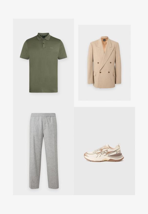 Blazer beige croisé avec larges revers, quatre boutons marron, deux poches à rabat et doublure intérieure en satin, présenté sur fond blanc.; Polo manches courtes vert olive avec patte à deux boutons et logo "BOSS" discret sur la poitrine gauche.; Pantalons en tissu texturé gris clair, avec une taille élastique. Design à jambe droite, sans poches visibles ni détails matériels.; Baskets athlétiques beige et marron avec panneaux en mesh, logo EA7 sur le côté, semelle épaisse et languette de traction au talon, sur un fond clair uni.