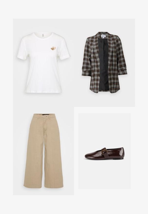 Zwart-wit-oranje geruite blazer met driekwart mouwen en open voorkant, weergegeven tegen een effen lichte achtergrond.; Witte t-shirt met korte mouwen van katoen, met een klein gouden hartontwerp op de linkerkant van de borst. Klassieke ronde hals, relaxed fit.; Beige wijde broek van een katoenmix, met voorplooien, een knoopsluiting en twee zijzakken voor functionaliteit.; Donkerbruine lakleren platte schoen met een grote gouden gesp en een afgeronde teen, zijaanzicht op een witte achtergrond.